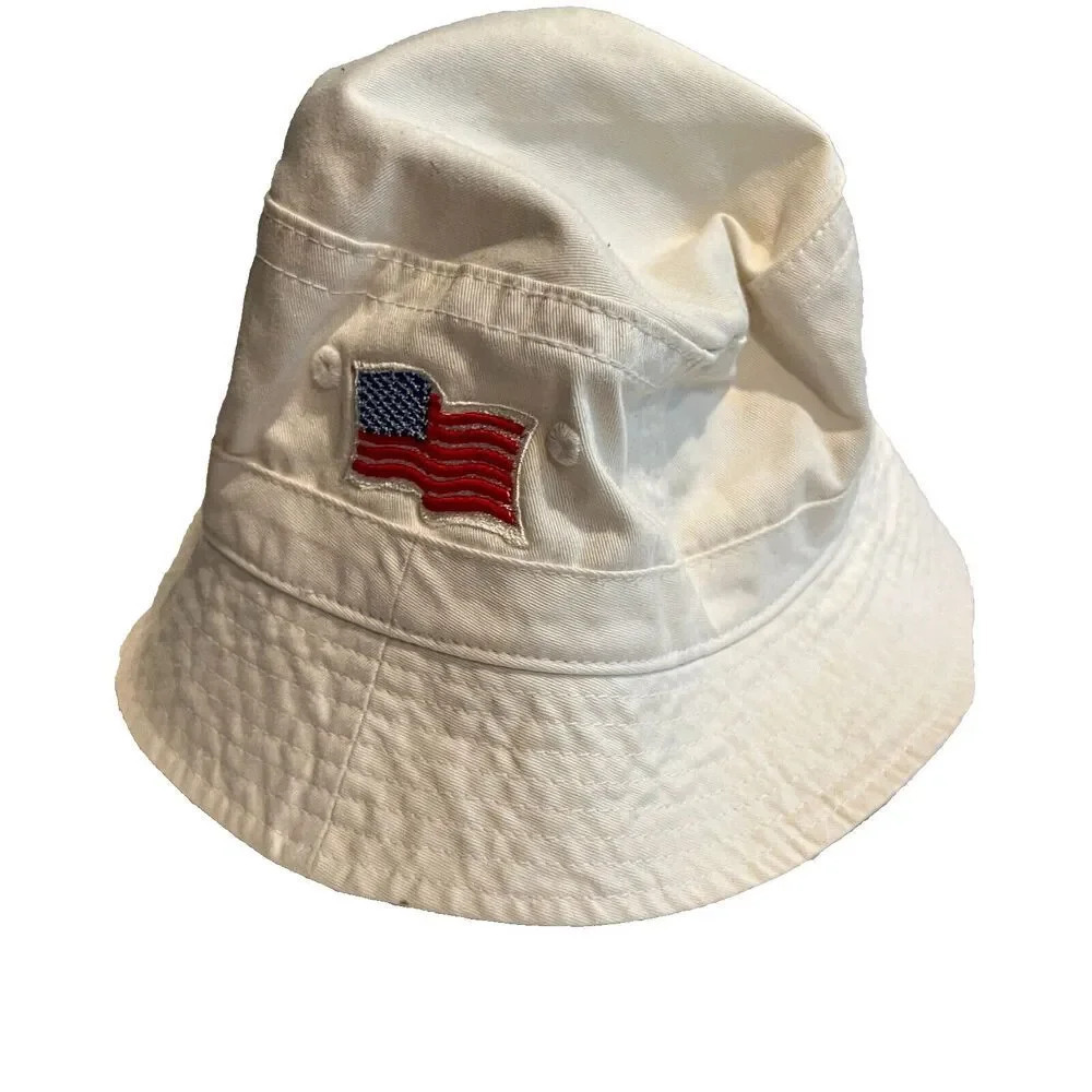 Port Authority Unisex Beige Bucket Hat S/M Cotton US Flag Embroidered Logo